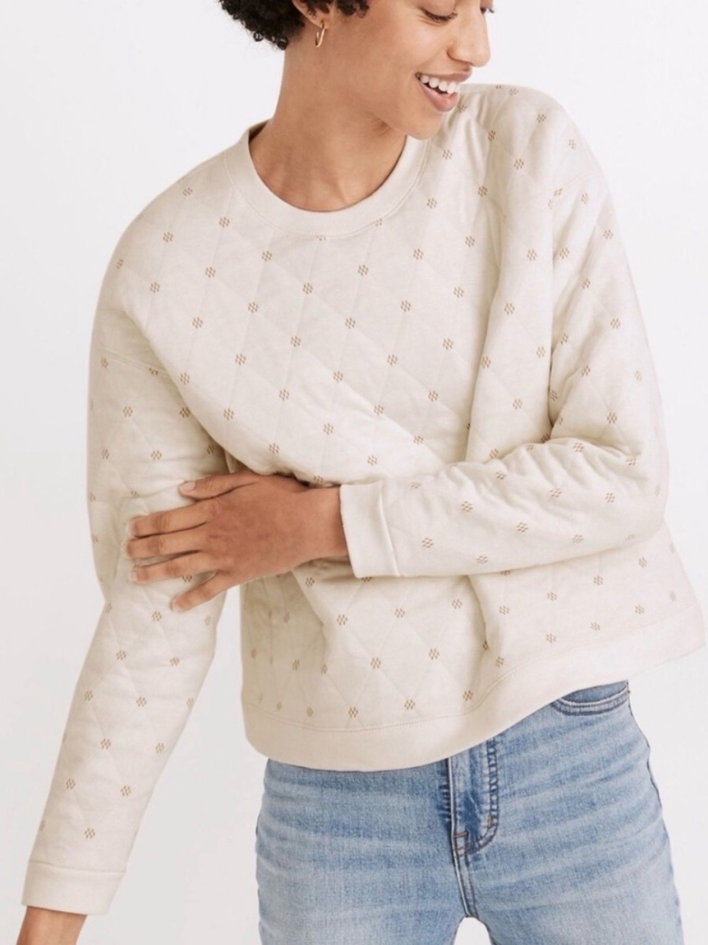 Madewell Cream Quilted Crew Sweatshirt with Subtle Diamond Motif